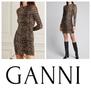 Ganni Leopard Printed Fully Lined Ruched Bodycon Mesh Midi Evening Dress